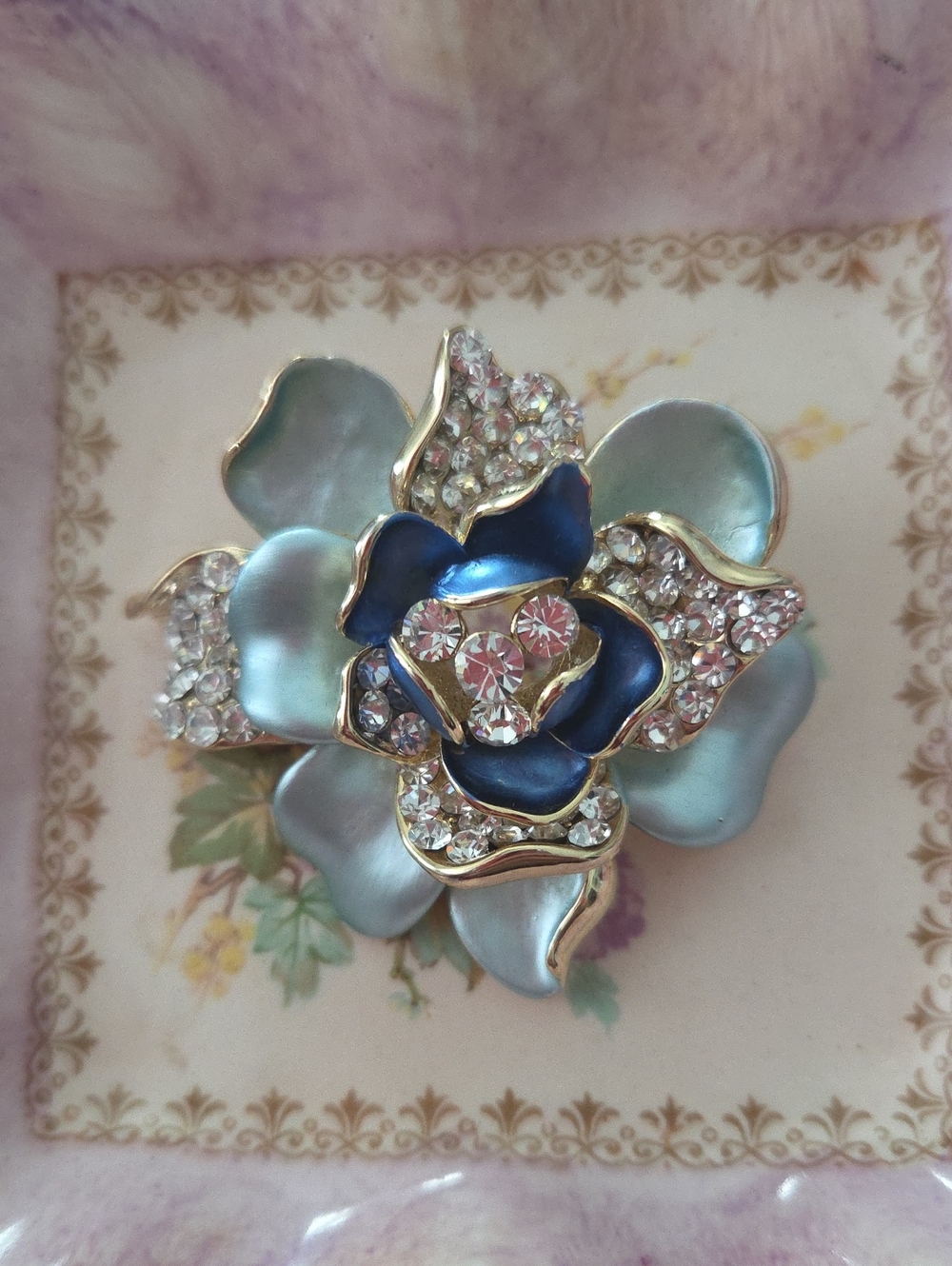 Vintage Blue Floral Crystal Statement Brooch - Women Jewelry
